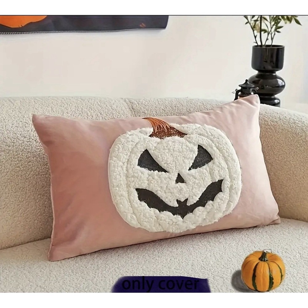 Spooky Pumpkin Jack O'Lantern Embroidery Halloween Throw Pillow Cover Home Decor